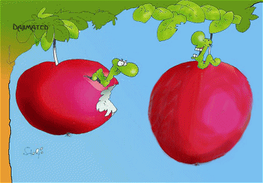 Анимация Червяк выедает из красного яблока, висящего на дереве, обнаженную девушку и целует ее на глазах другого зеленого червяка, гифка Червяк выедает из красного яблока, висящего на дереве, обнаженную девушку и целует ее на глазах другого зеленого червяка