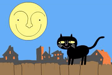 Анимация Черный кот шипит на луну, которая поворачивается к нему попой, гифка Черный кот шипит на луну, которая поворачивается к нему попой