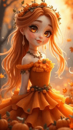 Анимация Девушка-апельсинка стоит в окружении апельсин