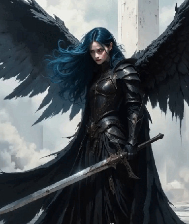 Анимация Синеволосая девушка-ангел в черной броне и с мечом руке смотрит вниз