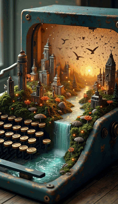 Анимация Старинная печатная машинка превращена в миниатюрный пейзаж с водопадом, рекой, башнями и летящими птицами на фоне заходящего солнца, гифка Старинная печатная машинка превращена в миниатюрный пейзаж с водопадом, рекой, башнями и летящими птицами на фоне заходящего солнца