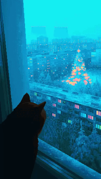 Анимация Кот смотрит из окна на снег, который идет на улице и засыпает наряженную елку, гифка Кот смотрит из окна на снег, который идет на улице и засыпает наряженную елку