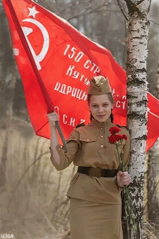 Анимация Девушка с букетом роз и Знаменем Победы стоит около березы, гифка Девушка с букетом роз и Знаменем Победы стоит около березы