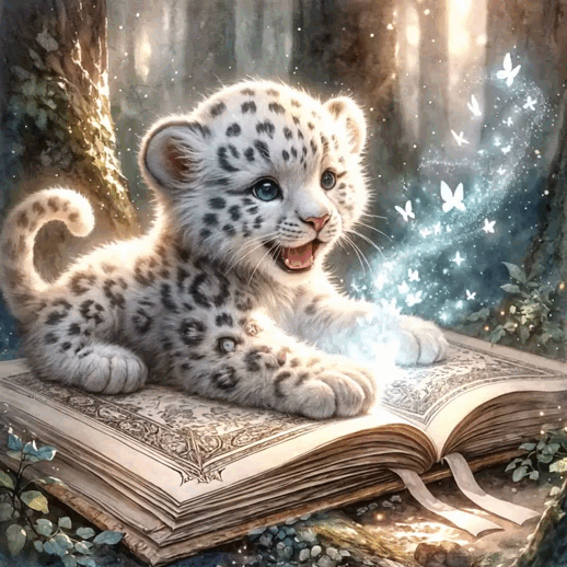 Анимация Маленький гепард ловит волшебных светлячков из магической книги, на которой он лежит, гифка Маленький гепард ловит волшебных светлячков из магической книги, на которой он лежит