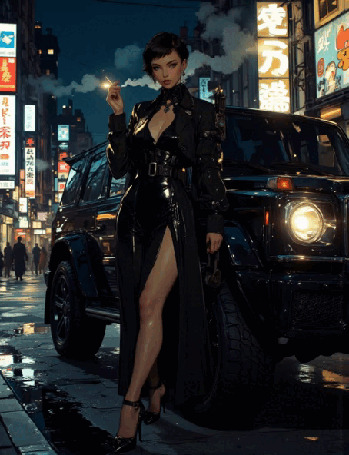 Анимация Девушка в кожаном плаще идет от автомобиля по улице