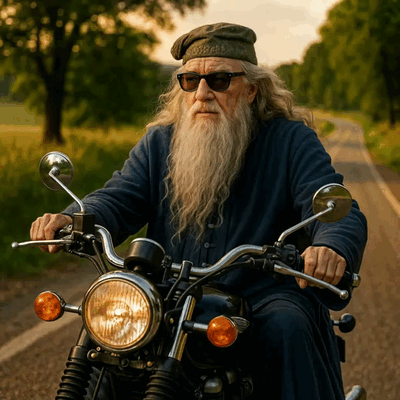 Анимация Альбус Дамблдор / Albus Dumbledore из фильма Гарри Поттер / Harry Potter в темных очках и зеленой кепке едет на черном мотоцикле, на фоне извилистой дороги, зеленых полей и деревьев, гифка Альбус Дамблдор / Albus Dumbledore из фильма Гарри Поттер / Harry Potter в темных очках и зеленой кепке едет на черном мотоцикле, на фоне извилистой дороги, зеленых полей и деревьев