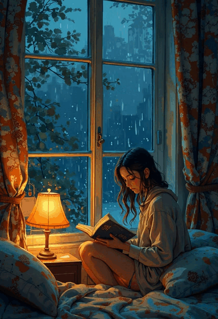 Анимация Девушка, сидя в дождливый день на кровати у окна, листает книгу, гифка Девушка, сидя в дождливый день на кровати у окна, листает книгу