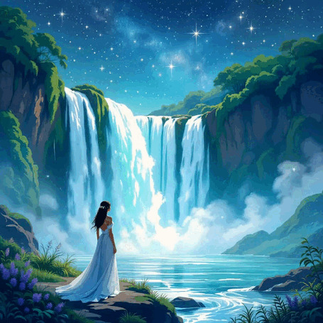 Анимация Девушка в белом платье стоит на берегу реки, смотрит на мощный водопад, на фоне зеленых скал с деревьями и звездного ночного неба