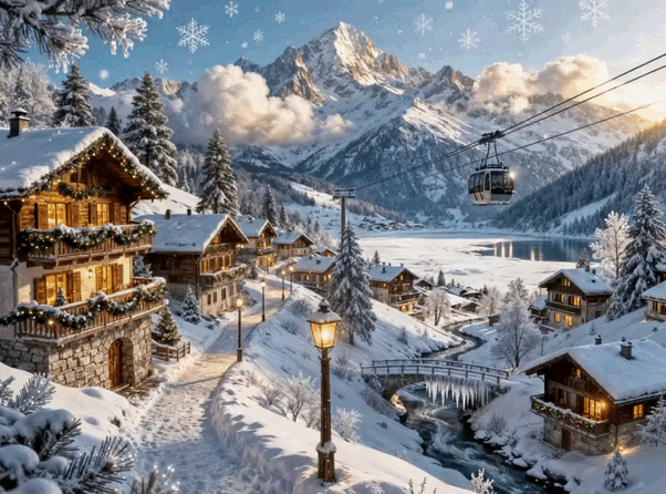 Анимация Альпийская деревня зимой с проезжающем фуникулером, гифка Альпийская деревня зимой с проезжающем фуникулером