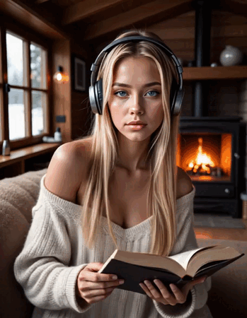 Анимация Девушка в свитере одновременно читает книгу, сидит на диване, слушает музыку в наушниках и танцует, гифка Девушка в свитере одновременно читает книгу, сидит на диване, слушает музыку в наушниках и танцует