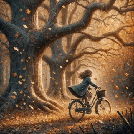 Анимация Девушка на велосипеде едет по осеннему парку