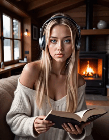 Анимация Девушка в свитере одновременно читает книгу, сидит на диване, слушает музыку в наушниках и танцует