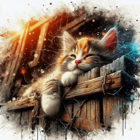 Анимация Сонный котенок лежит на заборе и зевает