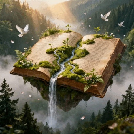 Анимация Гигантская книга лежит на парящем острове, на книге растут цветы и бежит река падая водопадом в долину, а над книгой летают голуби