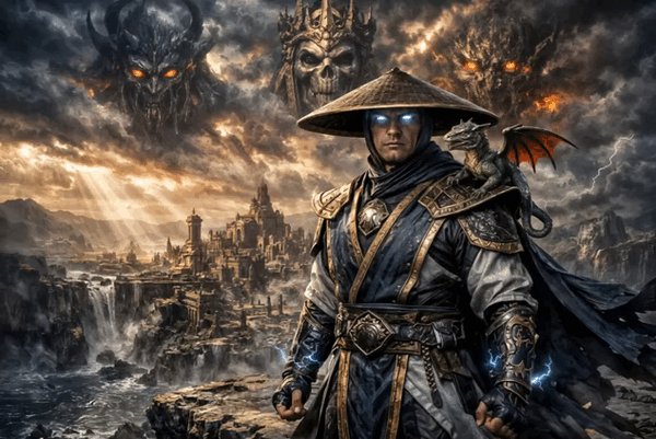 Анимация С плеча Raiden / Рейдена из франшизы Mortal Kombat / Смертельная битва взлетает маленький дракон, а Рейден выпускает молнии из рук, и все это на мрачном фоне города у каньона и мрачных лиц в небе, гифка С плеча Raiden / Рейдена из франшизы Mortal Kombat / Смертельная битва взлетает маленький дракон, а Рейден выпускает молнии из рук, и все это на мрачном фоне города у каньона и мрачных лиц в небе