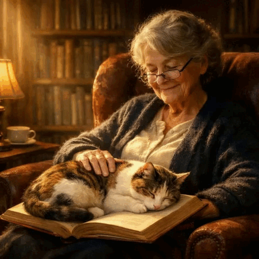 Анимация Бабушка гладит кошку, лежащую на книге, которая лежит у нее на коленях, гифка Бабушка гладит кошку, лежащую на книге, которая лежит у нее на коленях