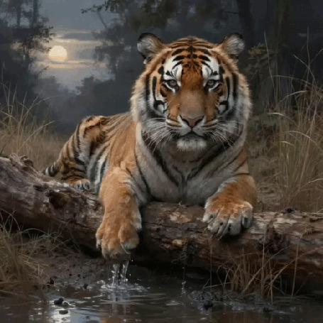 Анимация Тигр пьет из водоема, лежа на бревне