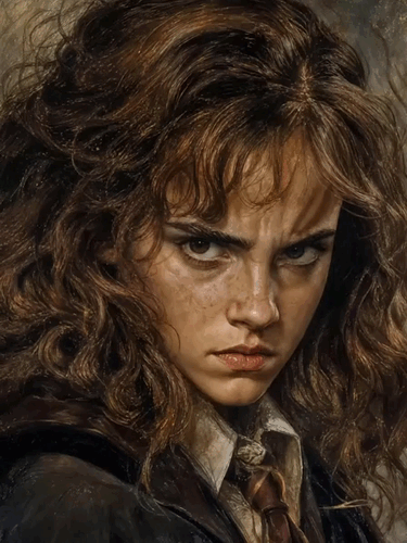 Анимация Гневный, говорящий что-то портрет Гермионы Грейнджер. Франшиза Гарри Поттер, гифка