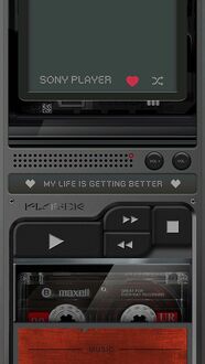 Обои на телефон Кассетный плеер SONY PLAYER на экране отображается надпись MY LIFE IS GETTING BETTER с кассетой Maxell