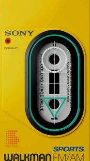 Обои на телефон Желтый портативный кассетный плеер Sony Walkman Sports FM / AM с надписью Collins - Face Value на наклейке на красном фоне