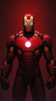 Обои на телефон Железный человек / Iron Man в красном костюме с повреждениями стоит на красном фоне, светящийся ArcReactor виден на груди из MarvelUniverse