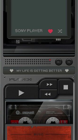 обои на телефон Кассетный плеер SONY PLAYER на экране отображается надпись MY LIFE IS GETTING BETTER с кассетой Maxell