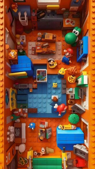 обои на телефон Комната из кубиков Lego на оранжевом фоне с фигурками Марио и других персонажей из игры Super Mario