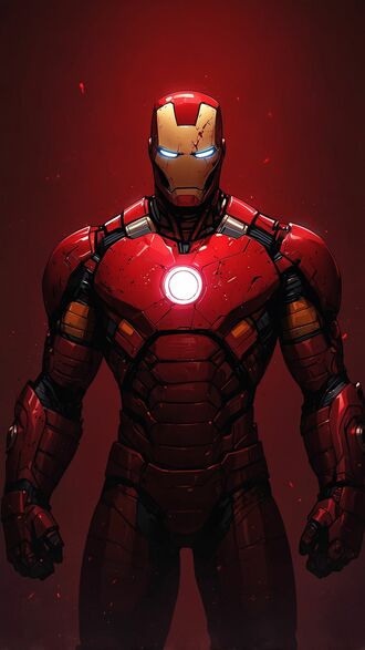 обои на телефон Железный человек / Iron Man в красном костюме с повреждениями стоит на красном фоне, светящийся ArcReactor виден на груди из MarvelUniverse