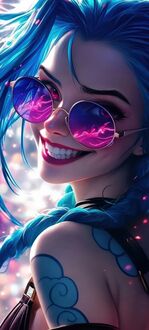 Обои на телефон Джинкс / Jinx из игры League of Legends / Лига легенд с широкой улыбкой и розовыми солнцезащитными очками