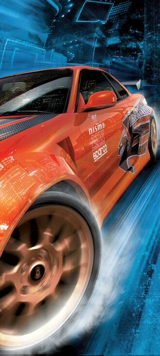 обои на телефон Автомобиль из игры Need for Speed: Underground с логотипами Nismo и Sparco на высокой скорости на фоне города