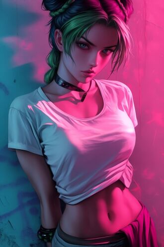 обои на телефон Джолин Куджо / Jolyne Kuujou из аниме «Невероятное приключение ДжоДжо: Каменный океан» / JoJo no Kimyou na Bouken Part 6: Stone Ocean в белой футболке и чокером стоит, облокотившись на стену