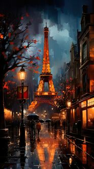 Обои на телефон Эйфелева башня / Eiffel Tower возвышается над мокрой улицей в Париж / Paris, Франция / France, дождливой ночью, среди осенних деревьев