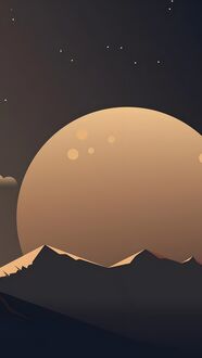 Обои на телефон Большая оранжевая полная луна над зубчатыми темными горами, на темном ночном небе с тусклыми звездами и небольшими облаками