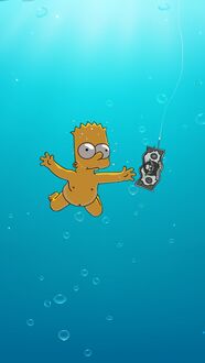 Обои на телефон Барт Симпсон / Bart Simpson из мультфильма The Simpsons / Симпсоны плавает под водой, протягивая руку к долларовой купюре с логотипом Nirvana / Нирвана, на фоне голубой воды с пузырьками