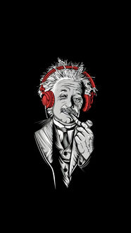 Обои на телефон Albert Einstein / Альберт Эйнштейн, в классическом костюме и красных наушниках, курит трубку на черном фоне