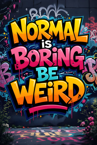 обои на телефон Граффити с надписью (Normal is boring be weird) на темно-серой стене на фоне земли с растениями