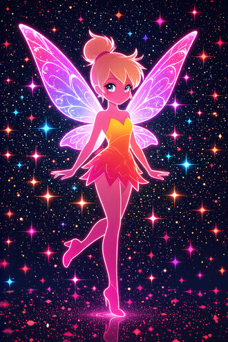 обои на телефон Фея Тинкер / Tinker Bell в платье с градиентной окраской стоит на фоне космоса с мерцающими звездами из мультфильма Питер Пен / Peter Pan