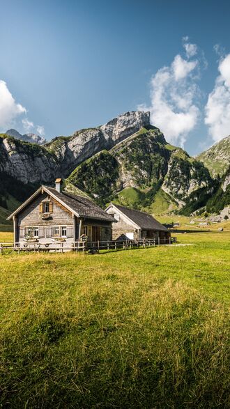 обои на телефон Швейцария / Switzerland, два дома стоят на зеленом лугу, на фоне высоких гор и голубого неба с белыми облаками