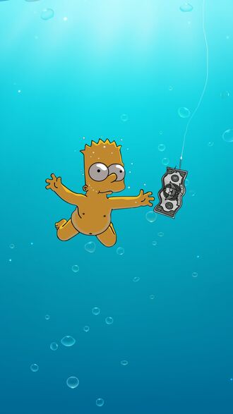 обои на телефон Барт Симпсон / Bart Simpson из мультфильма The Simpsons / Симпсоны плавает под водой, протягивая руку к долларовой купюре с логотипом Nirvana / Нирвана, на фоне голубой воды с пузырьками