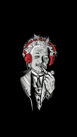 обои на телефон Albert Einstein / Альберт Эйнштейн, в классическом костюме и красных наушниках, курит трубку на черном фоне