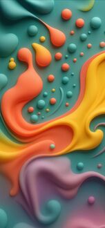 Обои на телефон Разноцветные объемные абстрактные формы и мелкие сферы различных размеров, создающие динамичную композицию с плавными переходами, на бирюзовом фоне