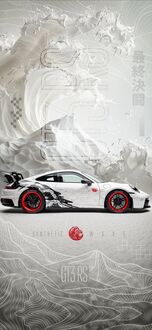 Обои на телефон Белый спортивный автомобиль Porsche 911 GT3 RS с красными дисками и черной графикой на боку, на фоне стилизованных белых волн и гор с японскими и английскими надписями (SYNTHETIC, GT3 RS)