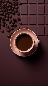 Обои на телефон Чашка кофе с блюдцем и рассыпанные кофейные зерна лежат рядом с плиткой шоколада на темно-коричневом фоне
