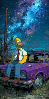 Обои на телефон Гомер Симпсон из мультсериала Симпсоны / The Simpsons сидит на капоте старого фиолетового автомобиля, на фоне звездного неба с яркой галактикой и сухих деревьев