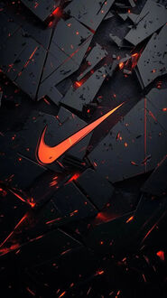 Обои на телефон Оранжевый логотип Nike с красным свечением на переднем плане, на фоне темной разрушенной поверхности с множеством острых фрагментов и красными светящимися трещинами