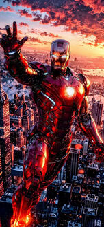 Обои на телефон Железный человек / Iron Man в красном костюме летит над городом, подняв правую руку, на фоне оранжевого заката и небоскребов с высоты птичьего полета
