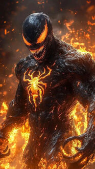 Обои на телефон Монстр Веном из фильма Веном / Venom, с черным телом, светящимися оранжевыми глазами и паучьим символом на груди, в динамичной позе, на фоне огненных вспышек и искр