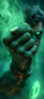 Обои на телефон Крупный план руки персонажа из фильма Зеленый Фонарь / Green Lantern с зеленым светящимся кольцом на пальце, генерирующей зеленую энергию, на фоне размытого лица с горящими зелеными глазами