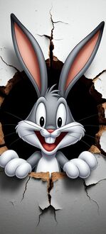 Обои на телефон Багз Банни / Bugs Bunny из мультфильма Looney Tunes / Looney Tunes выглядывает из пролома в стене, улыбается, на фоне темного проема и разрушенной белой стены