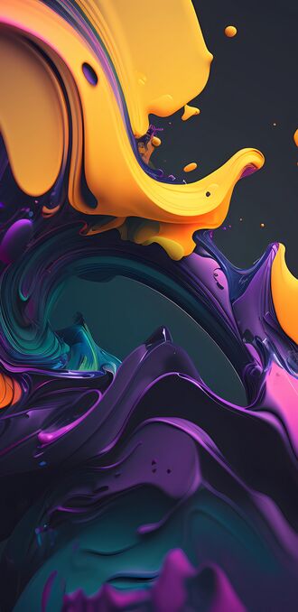 обои на телефон Яркие желтые, фиолетовые и темно-бирюзовые глянцевые формы плавно переплетаются и сливаются, создавая вихревой абстрактный узор на глубоком темном фоне